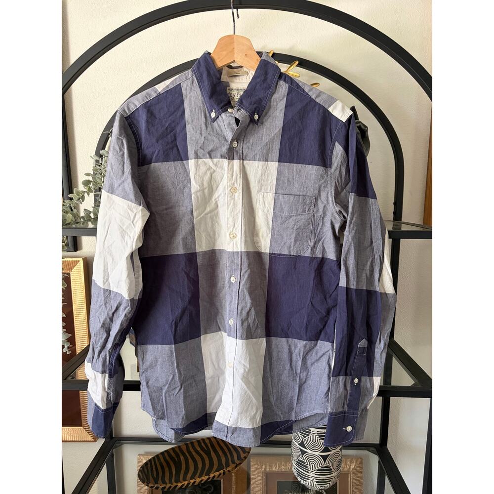J Crew Secret Wash Shirt Mens Medium Slim Blue Plaid Organic Cotton Stretch